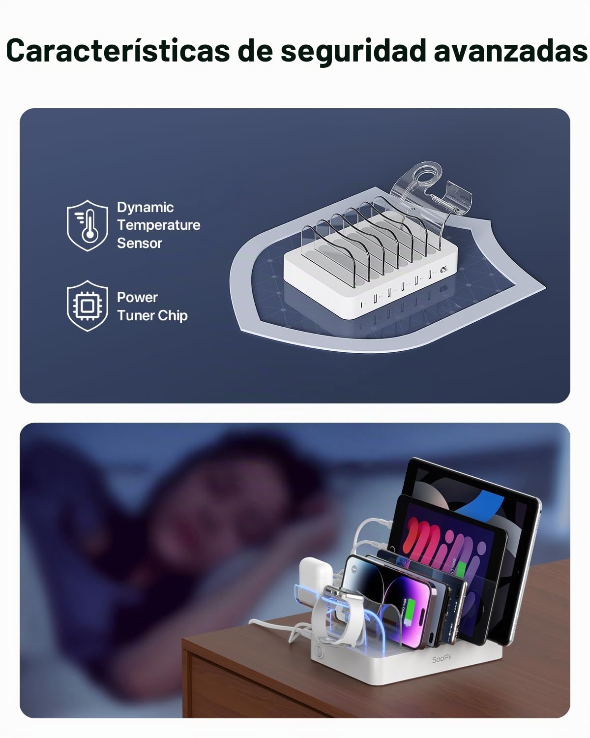 SooPii 60W Estación de Carga de 6 Puertos, PD 20W USB C Carga rápida para lPhone 14/13/12, 2 en 1 i Watch Holder, 6 Cables Cortos incluidos para teléfonos, tabletas y Otros, Blanco