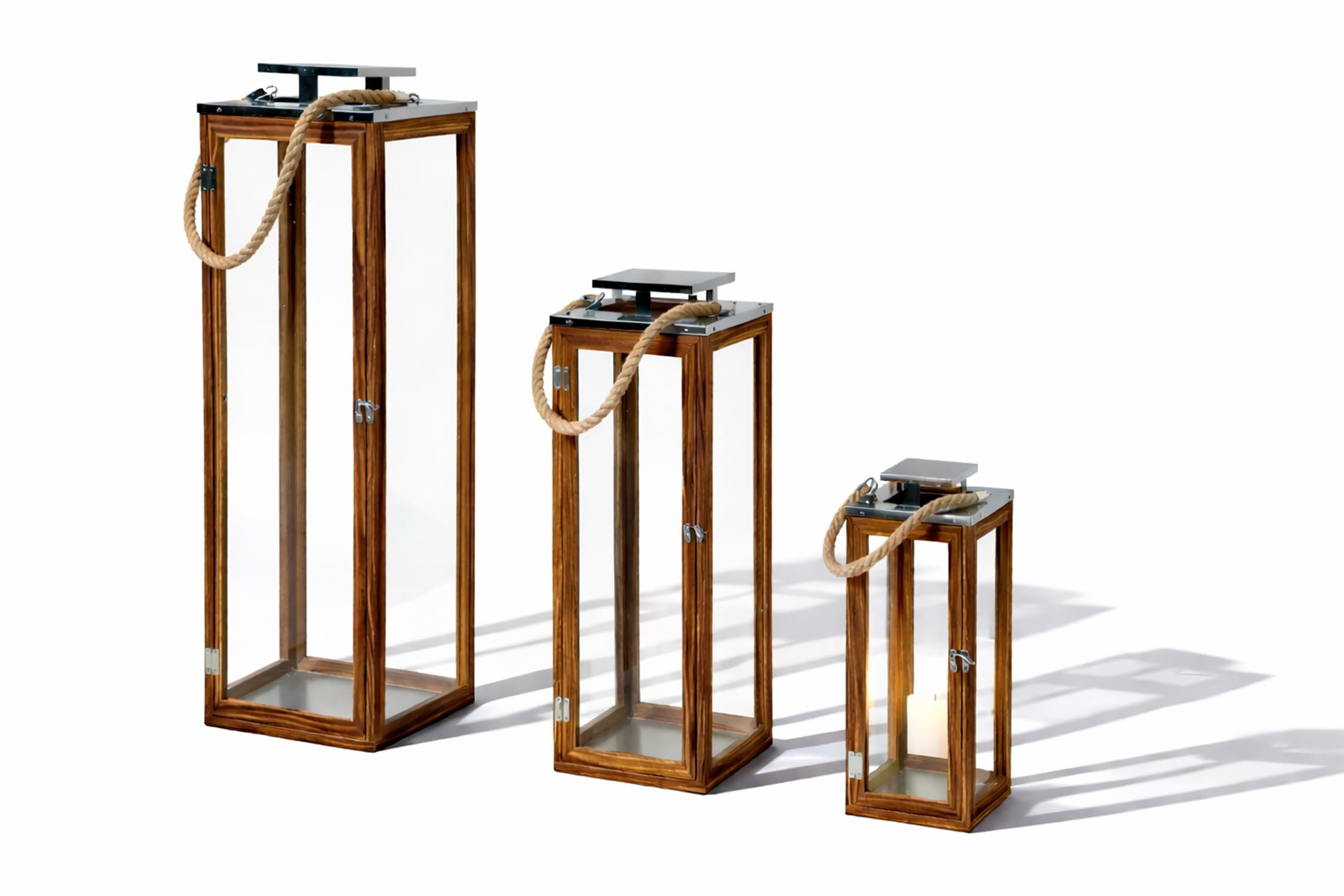 Set di 3 lanterne da giardino XXL, lanterne da giardino in legno massiccio, portacandela antivento, circa 14 x 14 x 31 cm + 19 x 19 x 51 cm + 70 x 24 x 24 cm, con tetto in acciaio inox