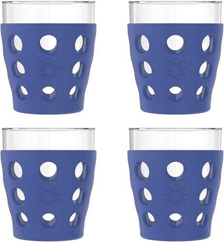 Lifefactory 10-Ounce Beverage Glasses with Protective Silicone Sleeves, 4-Pack, Cobalt Blue