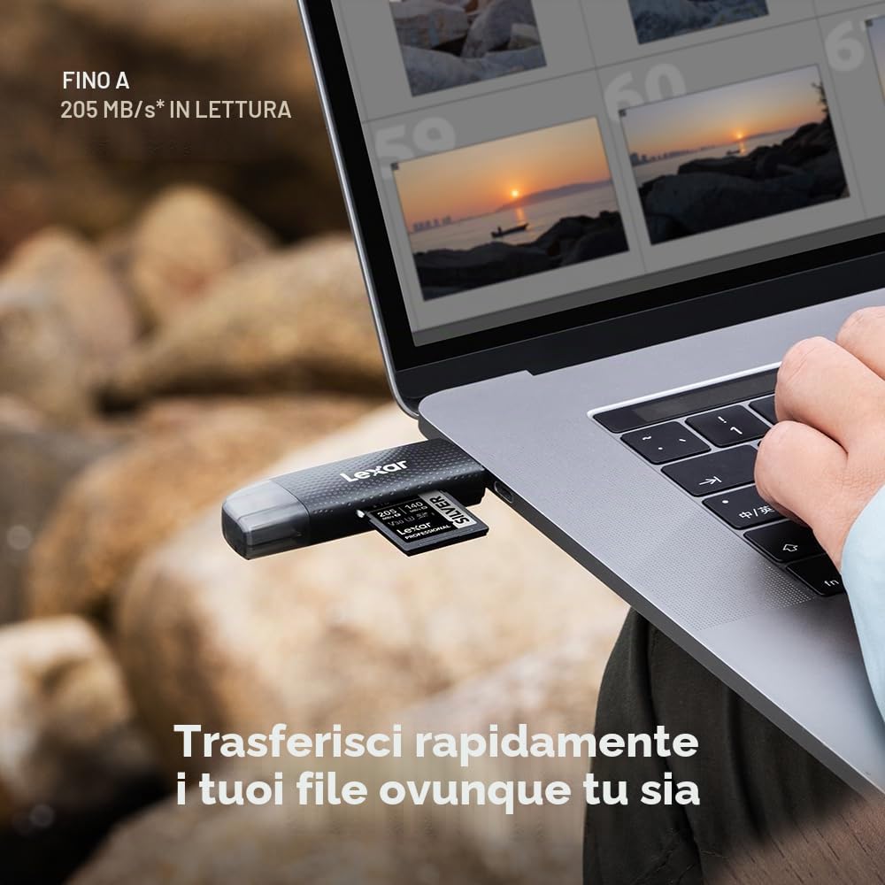 Lexar Lettore USB-A/C a doppio slot, velocità di trasferimento fino a 205 MB/s, supporta schede SD e microSD (LRW310X-BNBNG)