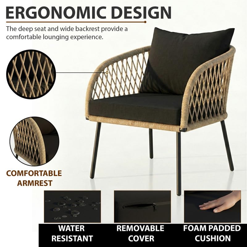 Image of OUTLIVING Braid Rope & Metal Frame Outdoor 4-Seater Sofa Set with Tempered Glass Top Center Table, Water-Repellent Cushions & Handwoven Design for Patio, Garden and Balcony (Beige and Black)