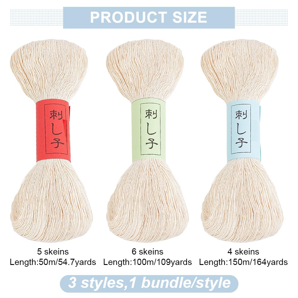 FREEBLOSS Filo Sashiko da 300 m, 3 matasse, 100% cotone, per trapuntatura e ricamo giapponese, per cucire a mano, filo spesso per ricamo giapponese, filo da ricamo