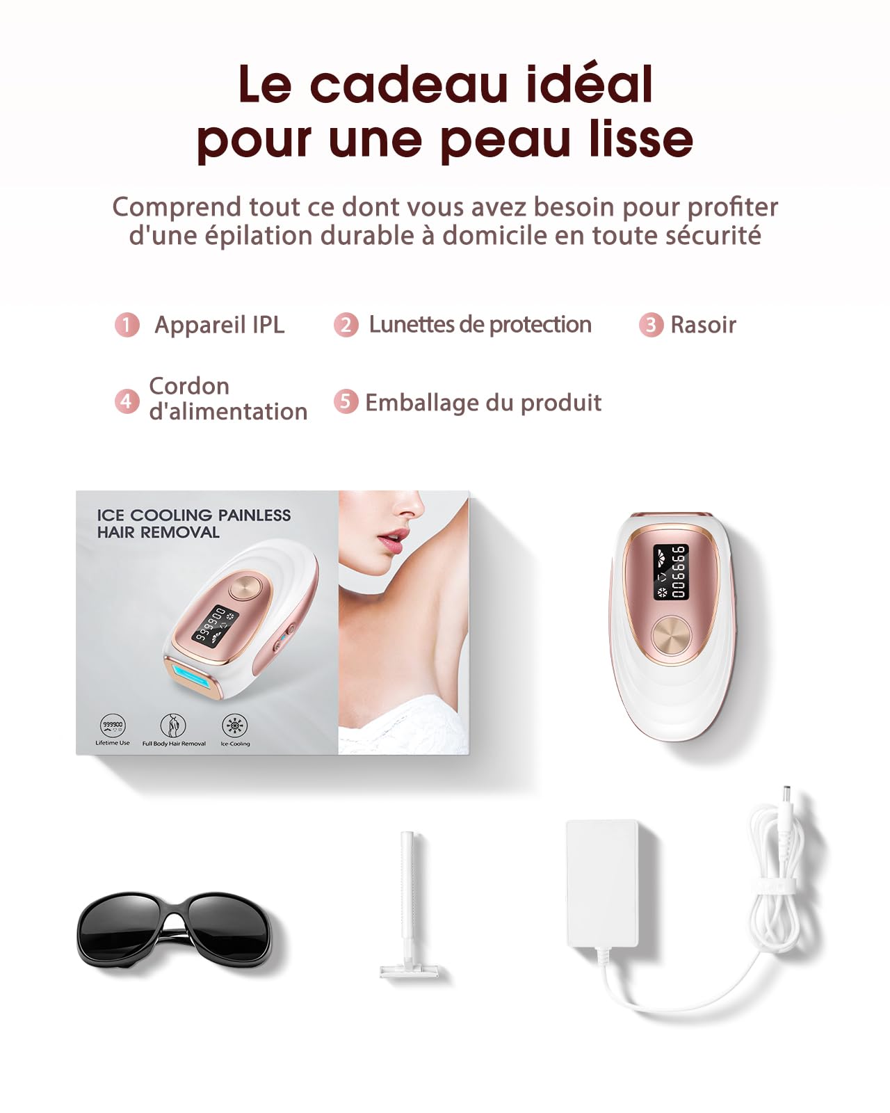 Haarlosy Épilateur Lumière Pulsée de Refroidissement, 999,900 Flashes IPL Laser Épilateur Definitive, 2 Modes 5 Niveaux Énergie Épilation Laser pour Visage/Corps/Maillot/Aisselles, IFE04
