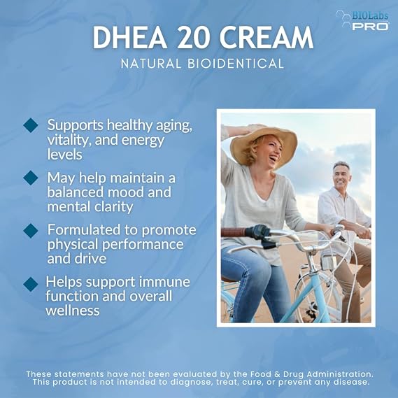 BIOLABS PRO All Natural Bioidentical 20mg Dhea Cream - Two Month Supply - for Men or Women (Unscented - 3.0oz)