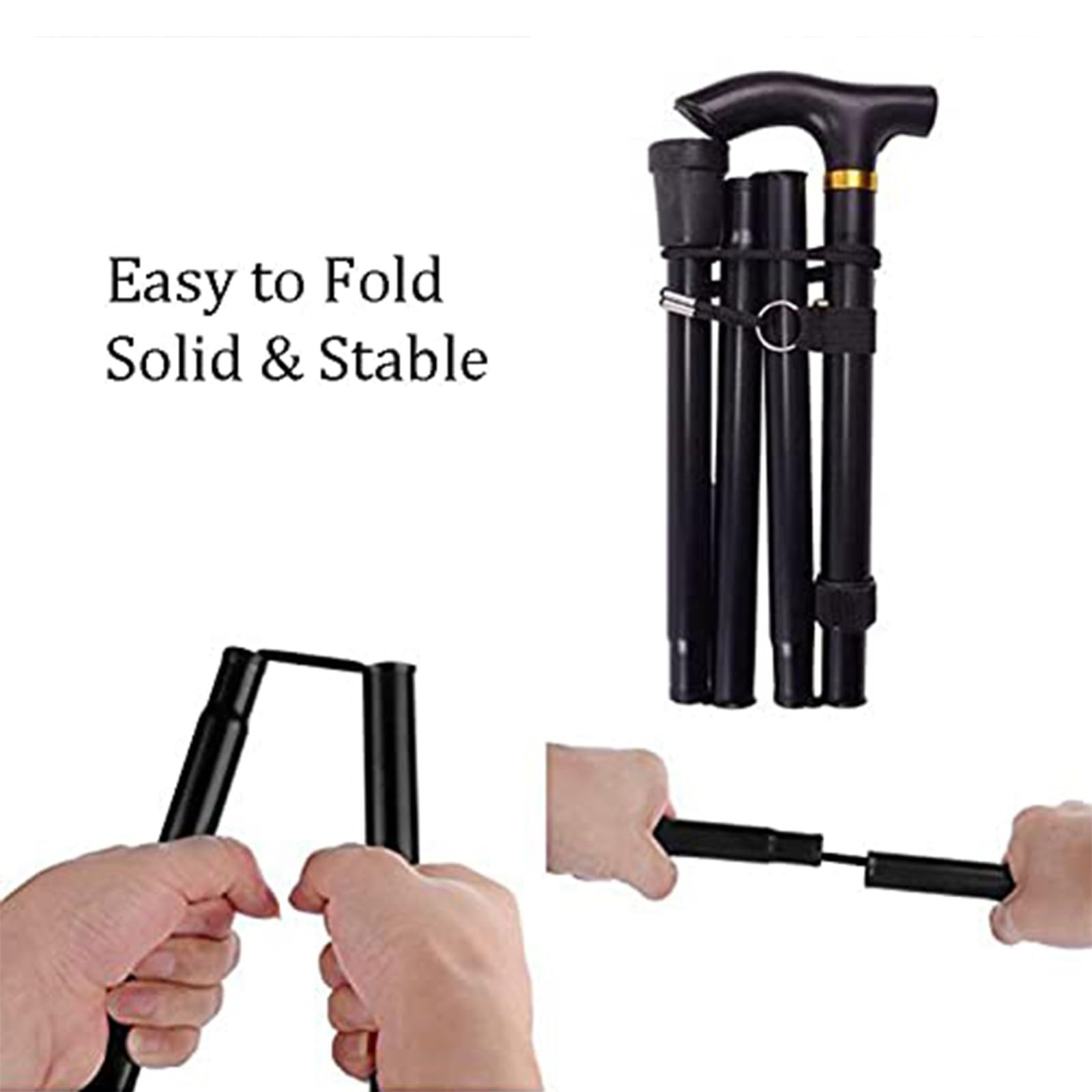Bastón Plegable en Negro - Portátil - Totalmente Ajustable - Ligero - Bastón de Aluminio Bastón de Senderismo con luz LED - Pie Antideslizante Hermoso Paisaje