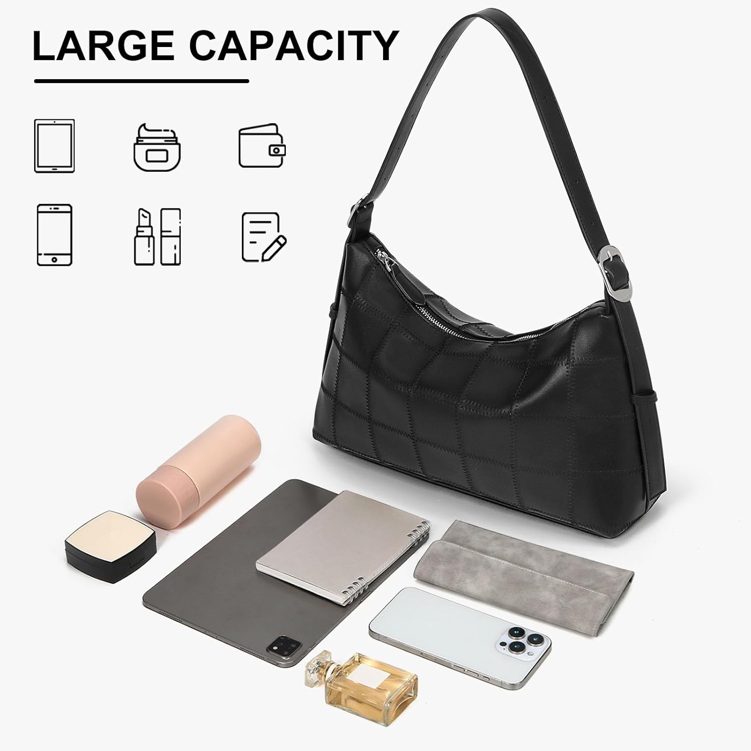 hibear Checkered Shoulder Bag for Women Classic Black and White Purse Trendy Crossbody Purse Leather Totes Hobo Handbag