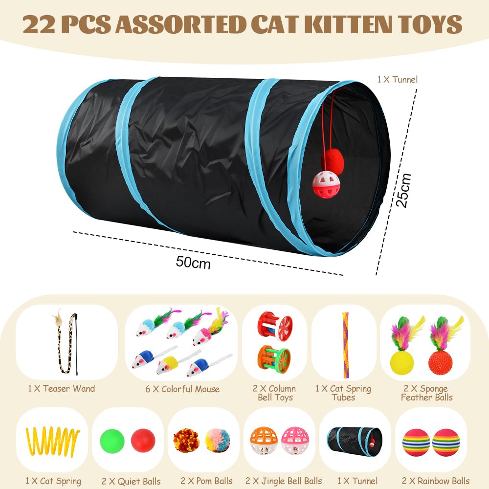 Set di Giocattoli per Gatti con Tunnel,22 Pz Giochi per Gattini,Gioco Gatto da Interno Set con Topi,Bacchetta di Piume Palline e Campane ecc per Gattini, Cuccioli