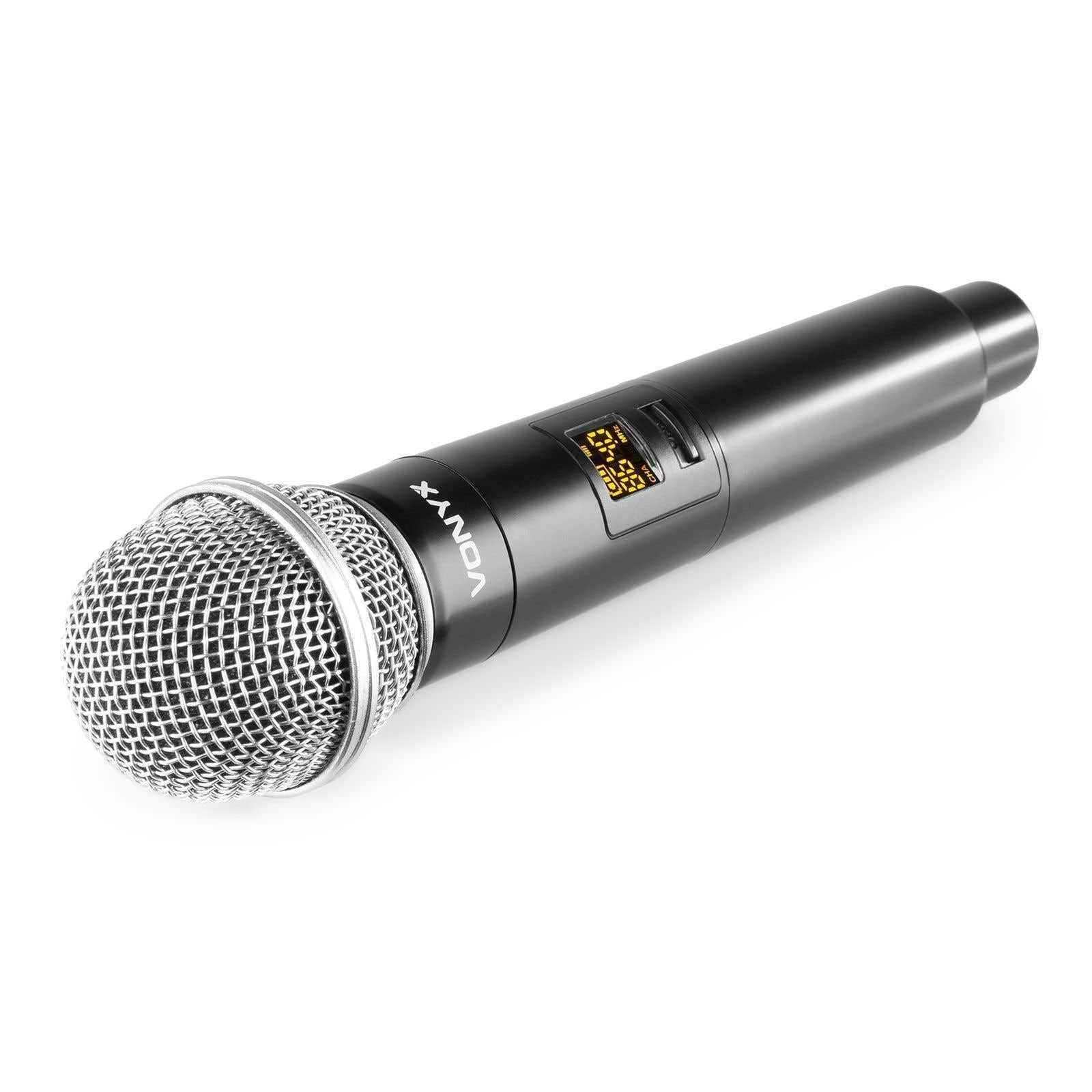 Vonyx WM552 Set de 2 Micrófonos Inalámbricos Duales con Receptor UHF, Conector de Altavoz, Recargable por USB, 10 Canales seleccionables, Silencio Automático, Micro para Cantar, Microfono Reuniones