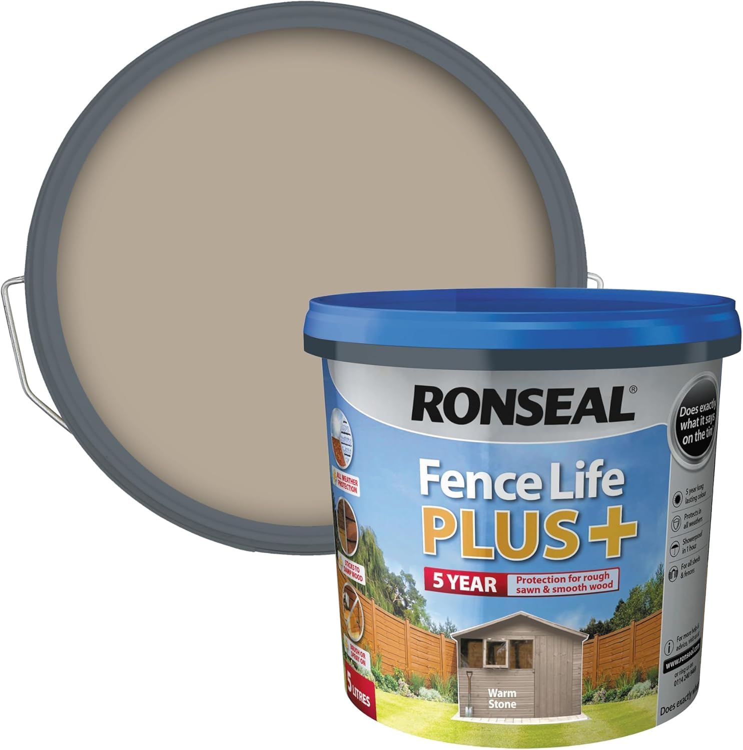 Fence Life Plus+ 5L – Warm Stone – Durable Shed & Fence Paint – One Coat, Weatherproof & Fade-Resistant – UV Protection – Lasts Up to 5 Years – For All Exterior Wood