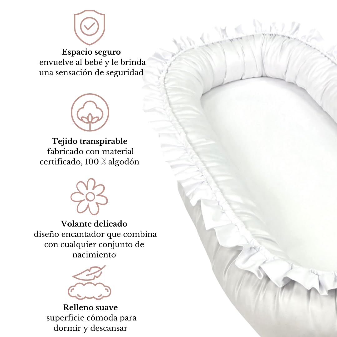 WIKLINOPOL Nido Bebé Reductor 85x45 cm en Blanco con Volantes – Baby Nest Portátil con Colchón – Cojín Nido Lavable de Algodón 100 % – Seguro y Cómodo para Casa o Viaje