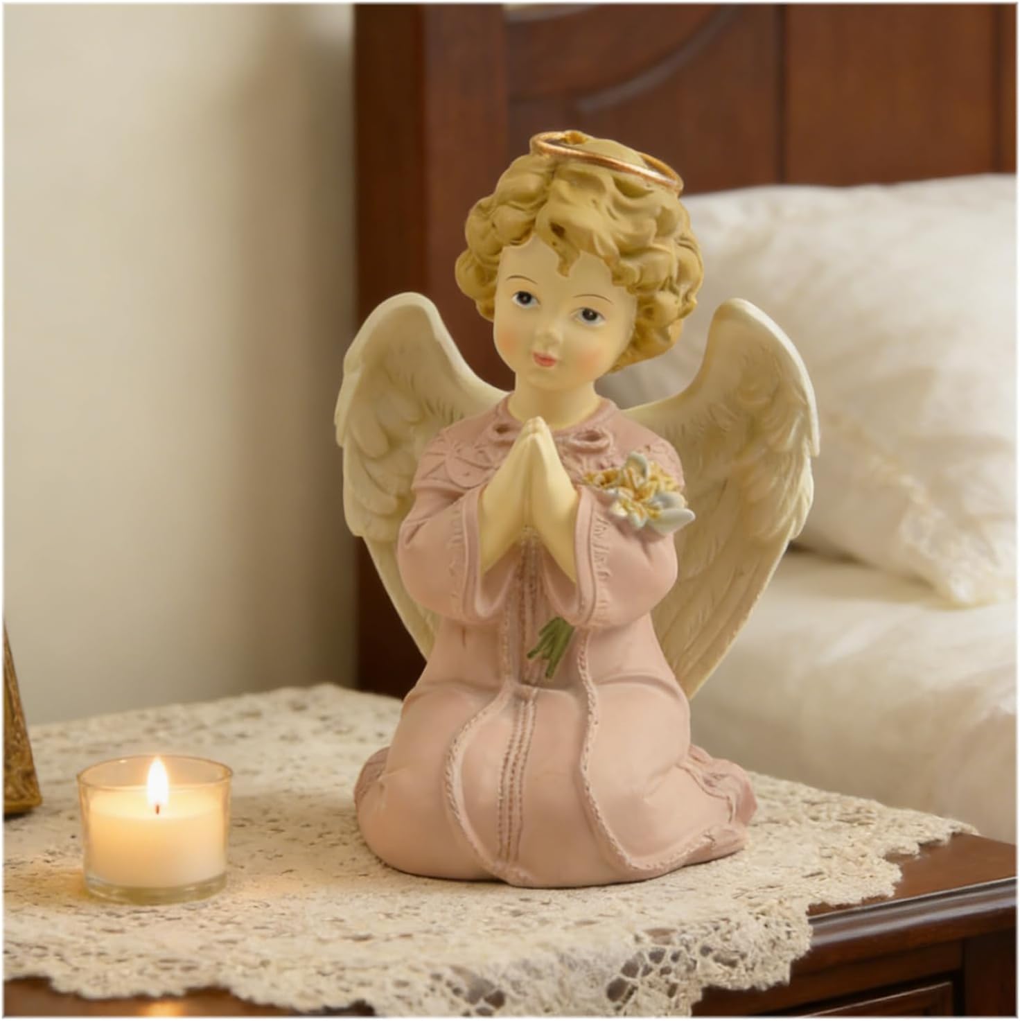Kneeling Praying Angel Figurine with Flowers – 5.32'' Hand-Painted Resin Girl Angel Statue for Spiritual Home Décor, Guardian Angel Collectible & Religious Prayer Gift - Image 2