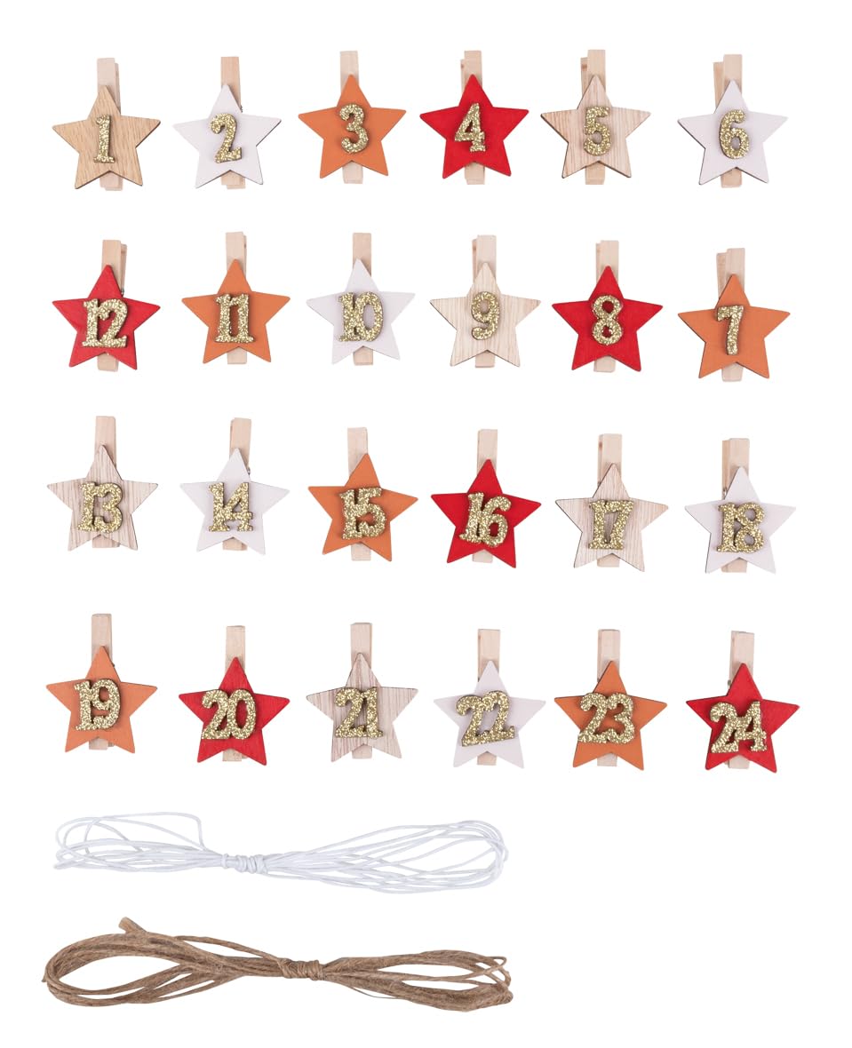 Rayher Wooden Pegs with Numbers for DIY Advent Calendar, 24 Pegs with Star Shape Design for Christmas Countdown Calendar, Set for Hanging Advent Calendar, 4.8cm, Wood, 46719000