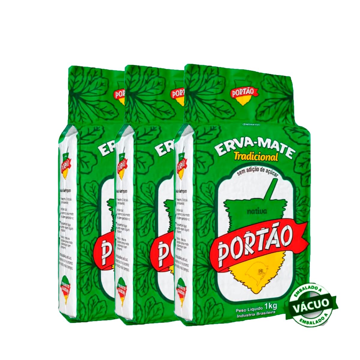 Yerba Mate Chimarrão Portão Fresh and Green Brazilian Tea Erva Mate Traditional Chimarrão Vacuum Sealed 1kg / 35.27oz / 2.2lb - Pack of 3.