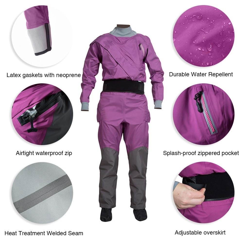 Trockenanzug for Damen, mit Latex-Dichtung, Paddel-Trockenanzug in kaltem Wasser, 4-lagiger, atmungsaktiver, wasserdichter Kajak-Trockenanzug aus Stoff mit Latex an Hals und Handgelenk(Purple,Medium)