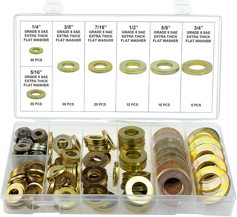 Swordfish 32850 - SAE Pattern Grade 8 Hardened Extra Thick Flat Washer Assortment, Pack of 150 Pieces | Hardened
