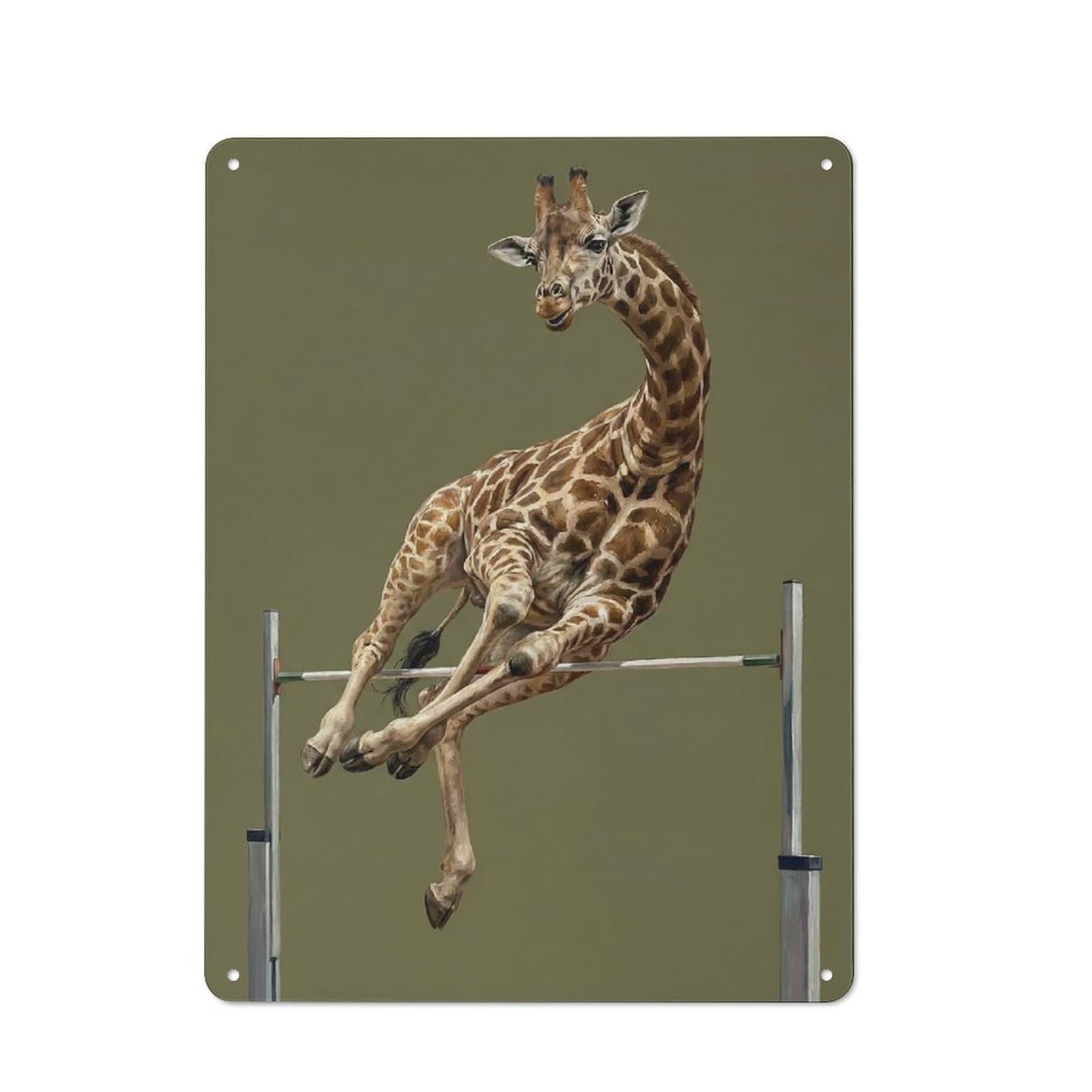 Junmoney Style-7 Workshop Style Garage Metal Sign 40X30cm Featuring Giraffe Jumping Over A Hurdle, Industrial Wall Art For Garage, Hobby Room, Office Or Man Cave