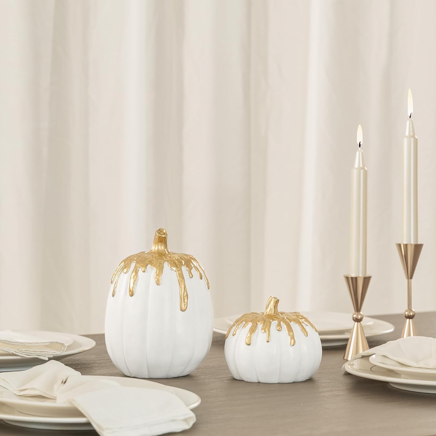 wds wondrous fall pumpkin decor set of 2, white and gold pumpkins for decorating, resin fake pumpkin figurines, harvest thanksgiving mantel table centerpiece autumn home decoration gift a white