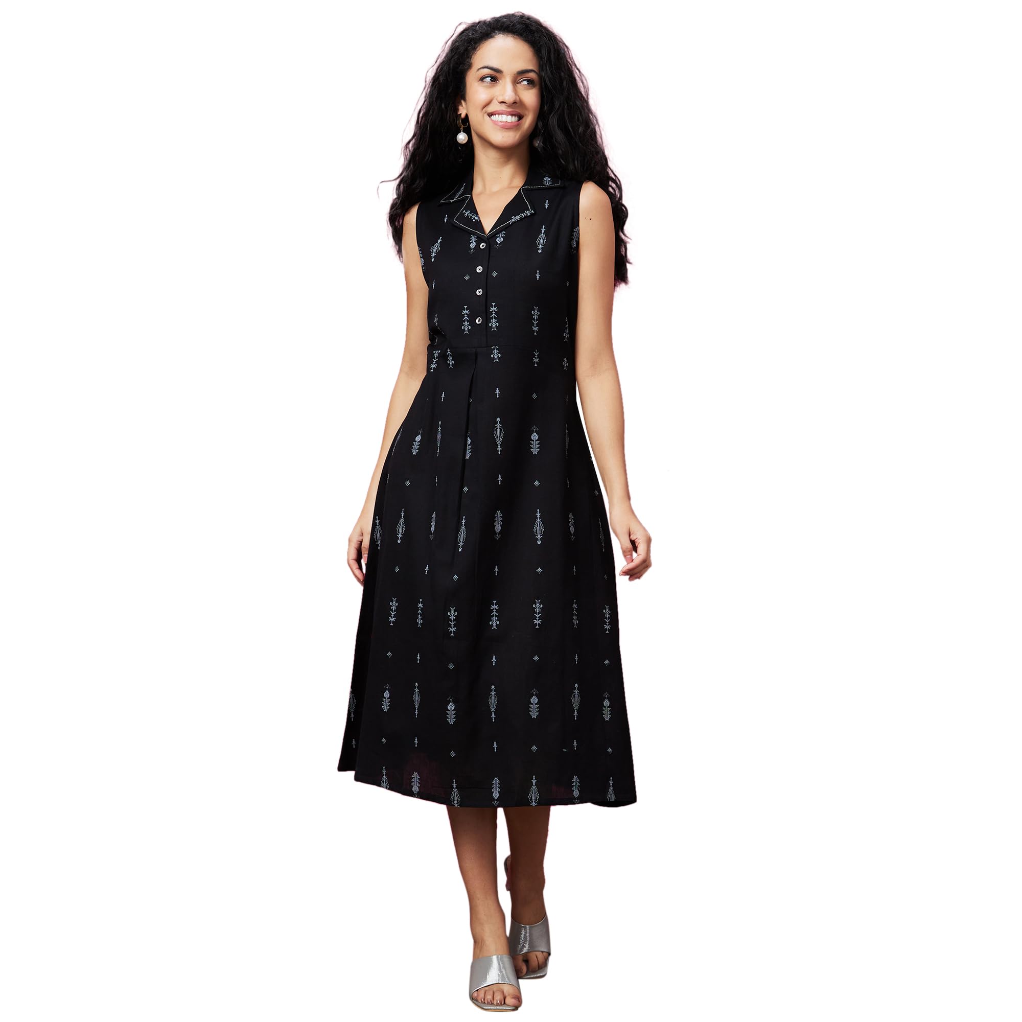 Women Ethic Motif Printed Cuban Collar A-Line Midi Dress-image-30