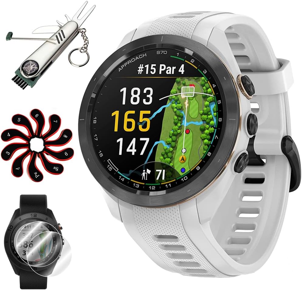 Garmin 010-02746-00 Approach S70 42 mm Premium GPS Golf Watch, White Band | Official USA Partner Model | Bundle with Deco Essentials 2-Pack Screen Protector, 7-in-1 Golf Tool, Iron Head Covers