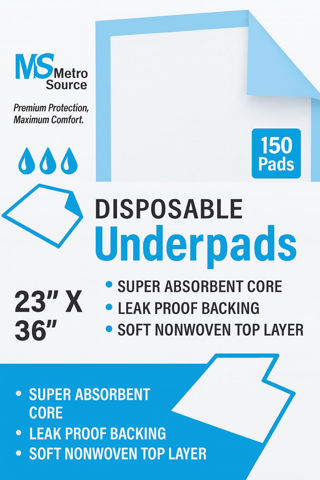 Metro Source Disposable Underpads, 23x36 inches, 150 Count, Highly Absorbent with Waterproof Backing, for Bed and Surface Protection Adults, Elderly