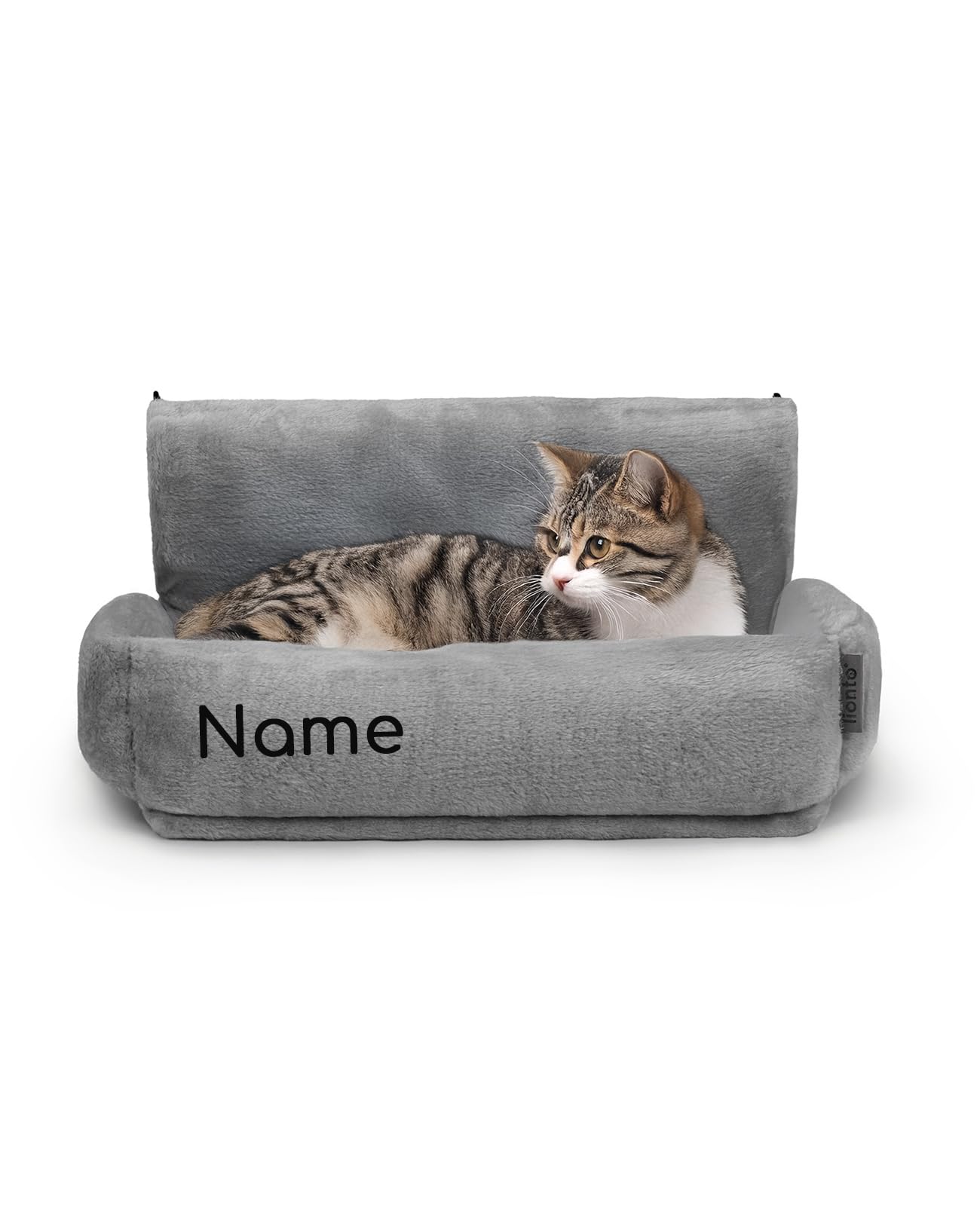 lionto Katzenheizungsliege mit kuscheligem Plüschbezug, Katzenbett zum Einhängen mit Metallhaken für alle gängigen Heizungen, waschbare und gemütliche Katzenhängematte, dunkelgrau (Namensaufdruck)