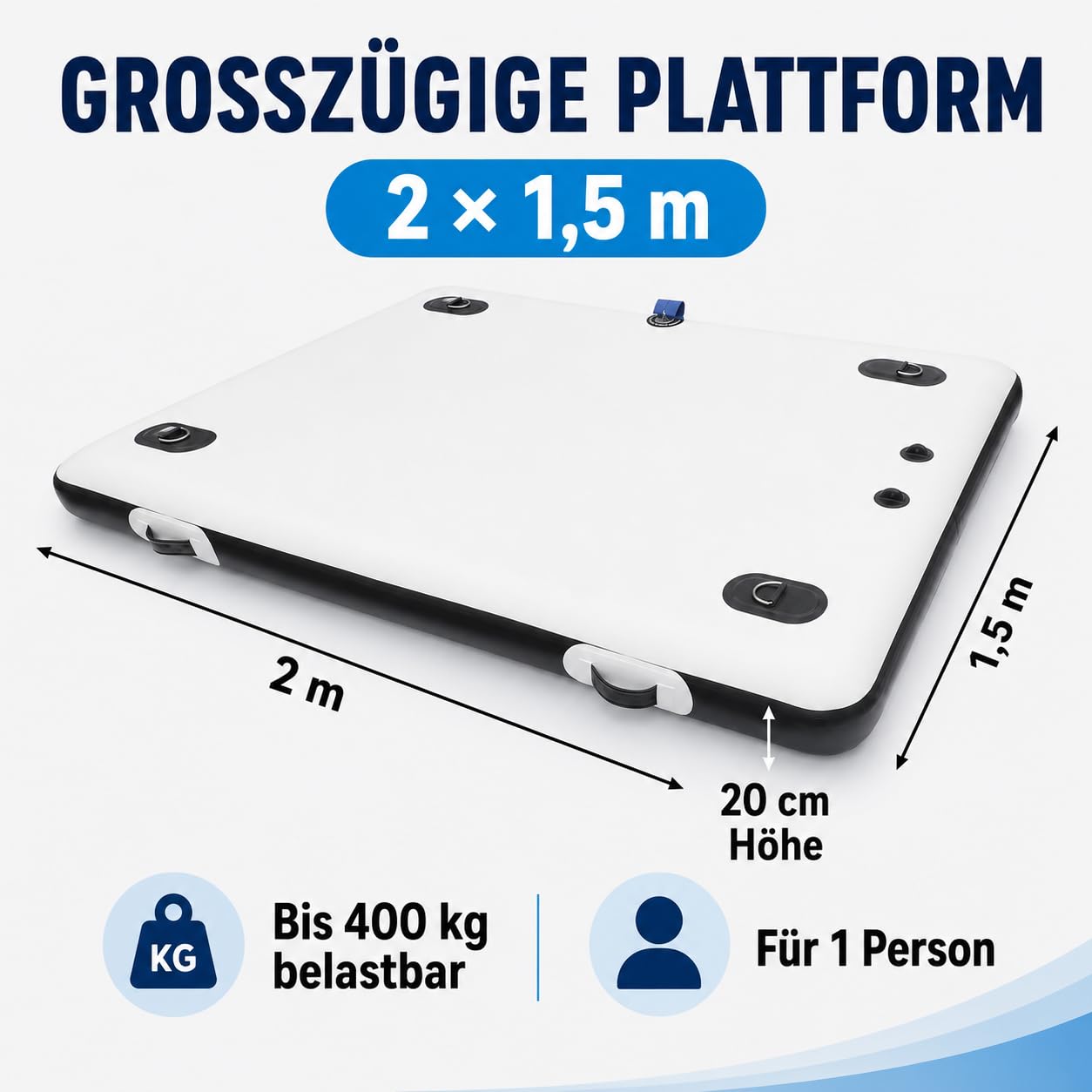 Aufblasbare Badeplattform 2x1,5m, Aufblasbare Dock mit Luftpumpen 400kg Tragkraft Schwimmplattform mit Paddel & Tasche, stabiles Schwimmdock für Angeln, See & Wassersport