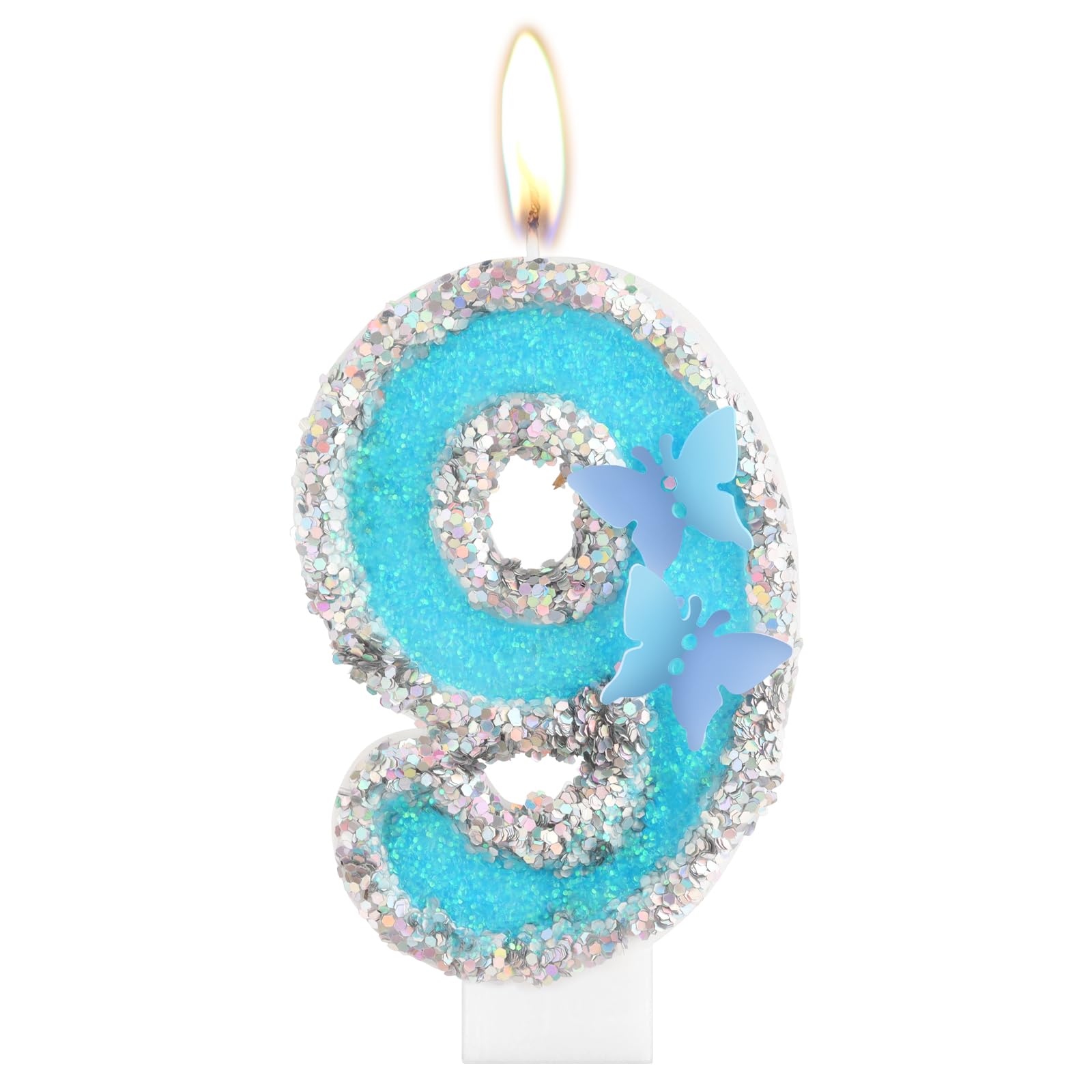 iNINGER Baby Blue Number 9 Birthday Candle,Glitter Silver Butterfly Happy Birthday Cake Toppers Blue Sequins Wedding Cupcake Decorations for