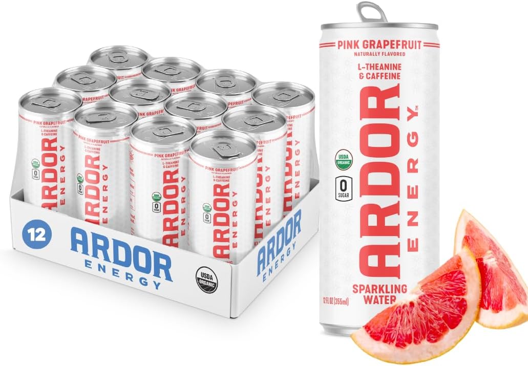ARDOR ENERGY Sparkling Water Pink Grapefruit 12 Pack of 100mg Organic Green Tea Caffeine & 200mg Organic L-Theanine (Focus & Calm). Sugar Free, Calorie Free, Vegan Gluten Free