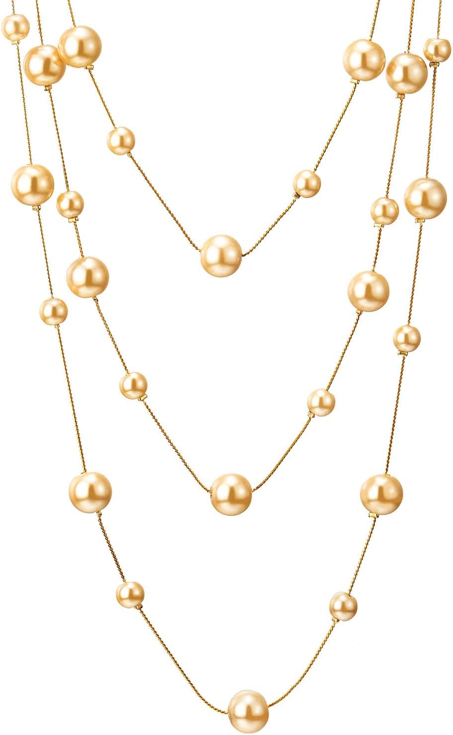 Statement Necklace Three-Strand Long Chains with Synthetic Pearl Beads, Elegant, Dress - Image 2