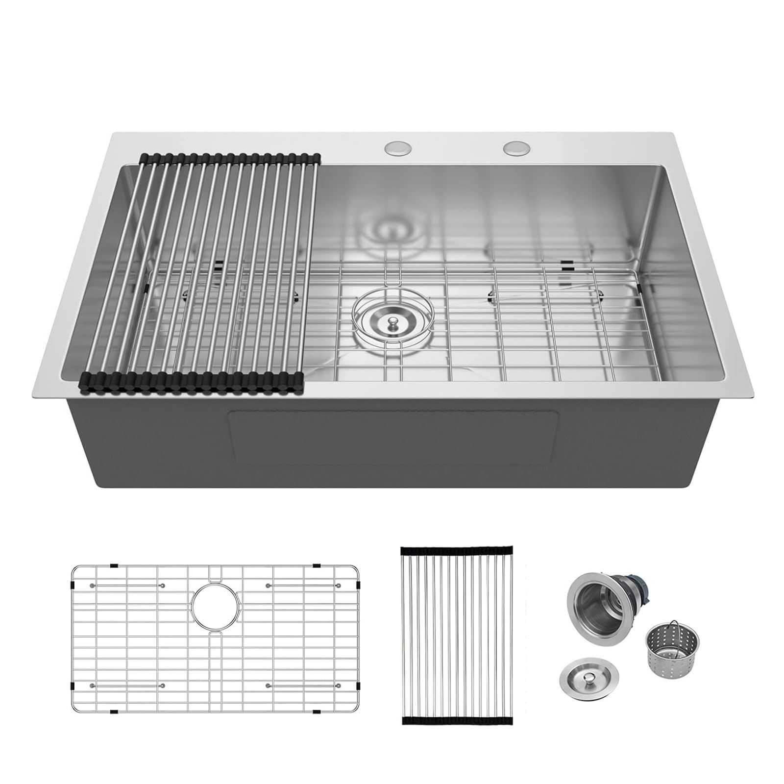 Küchenspüle Edelstahl 84 Cm, Topmount, 16 Gauge – Einzelbecken Mit Abtropfgestell & Schneidebrett