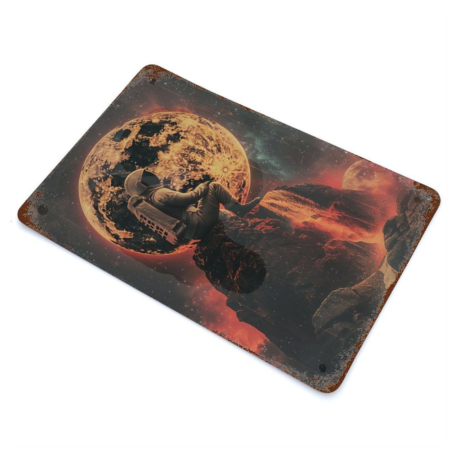 Rusty Metal Tin Sign with Astronaut Lost In Space Design 11.8"x7.9", for Shed, Workshop And Garage Wall Decor, Classic Wall Plaque
