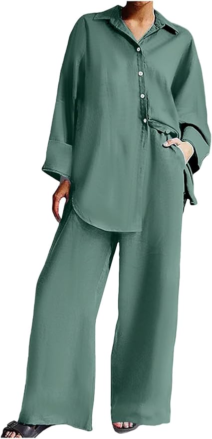 Damen Zweiteiler Aus Baumwolle-Leinen - Lässiges Set Mit Weitgeschnittener Hose