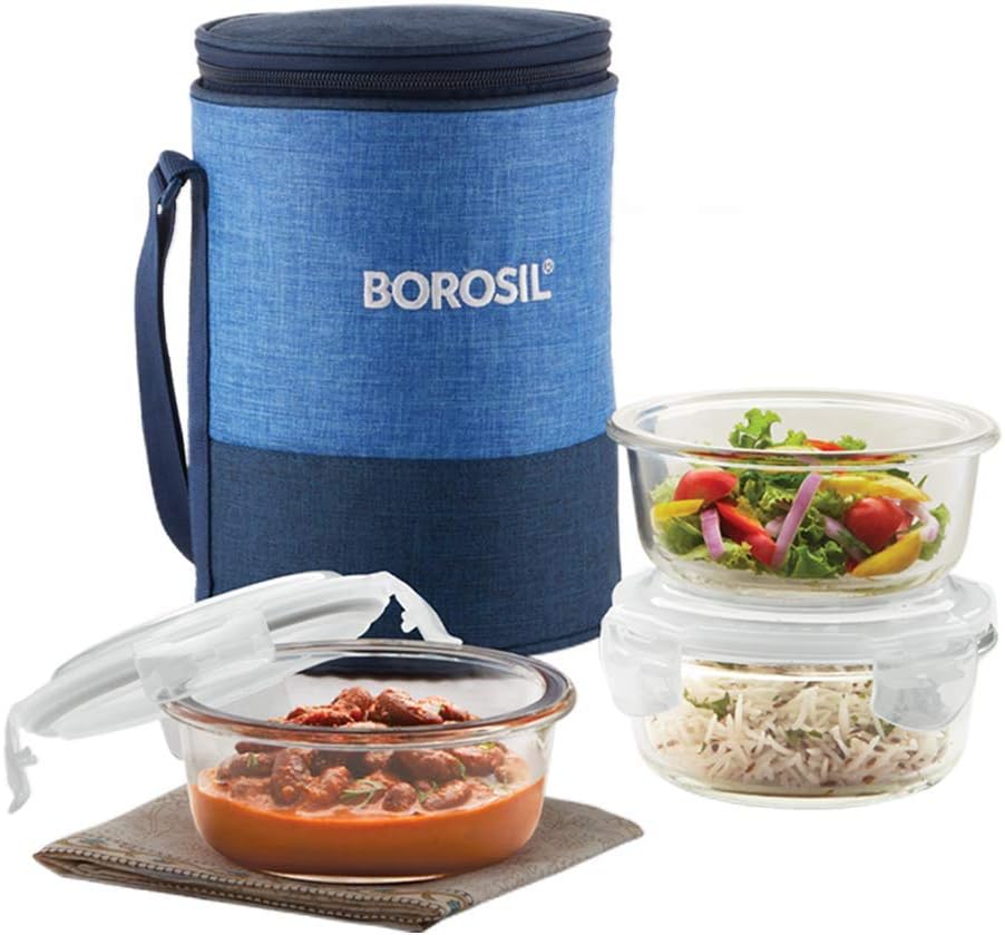 Prime Glass Lunch Box Set of 3, 400 ml, Round, Microwave Safe Office Tiffin