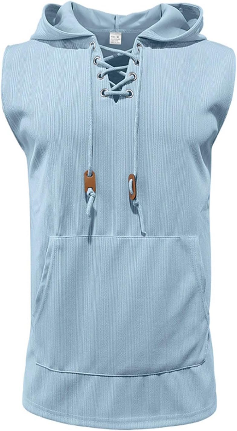 Men's Casual Sleeveless Hooded Tank Top Lace Up Jacquard Knit Vest for Everyday Wear