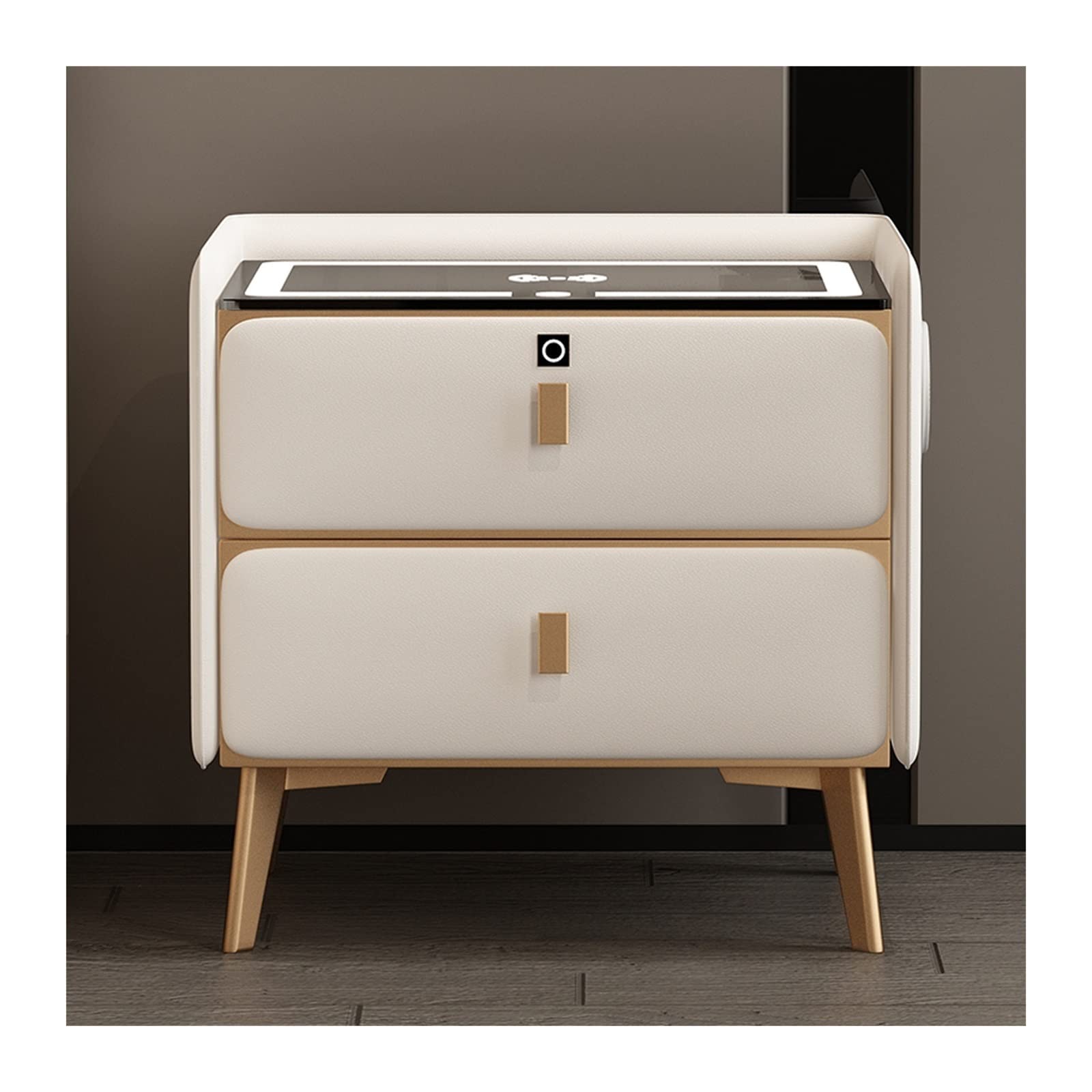 ASerZenith Smart Nightstand Bedside Tables Charging Station And Led Lights,Bedside Table With 2-Drawer And Fingerprint Unlock, Speaker, Nightstands For Bedroom,White