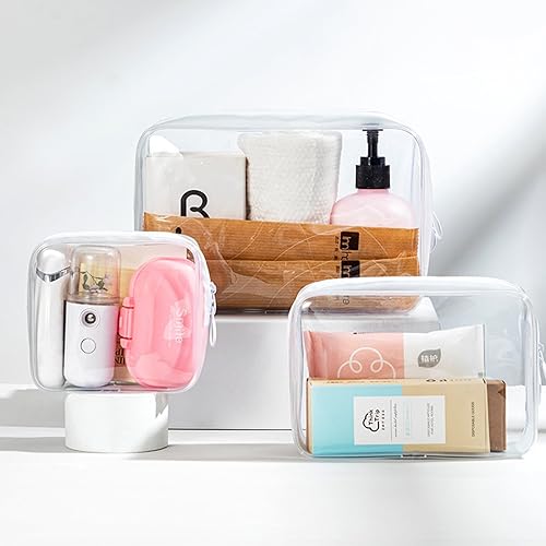 Miniatura 7 de Bolsa de aseo aprobada por la TSA, paquete de 3 bolsas transparentes para artículos de tocador para viaje, bolsa de maquillaje de tamaño cuarto de
