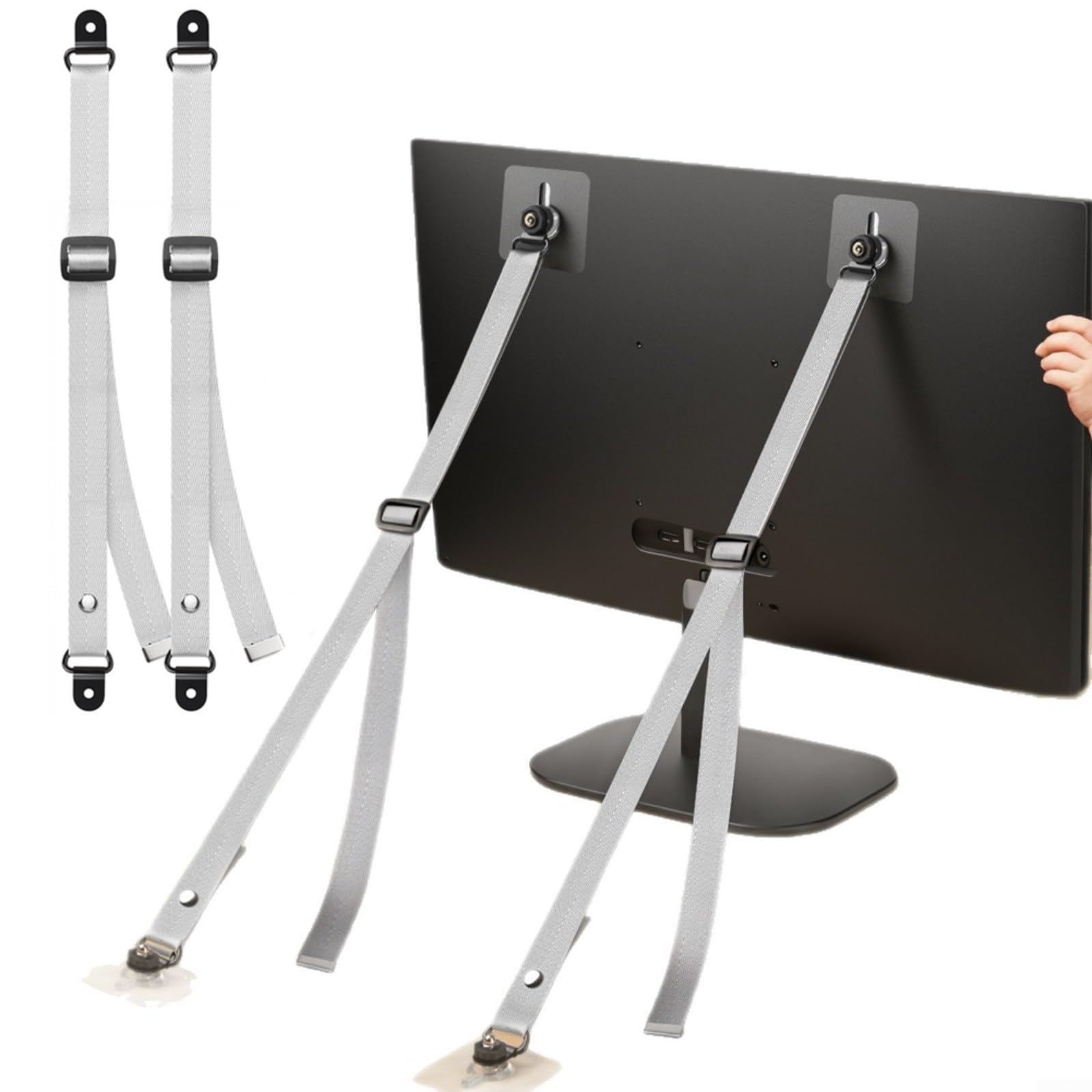 Momfin No-Drill Adjustable Monitor Holder And TV Anti-Tip Strap For Secure Setup, Prevents Tipping For Kids And Pets, Space-Saving Desk Organizer Solution In