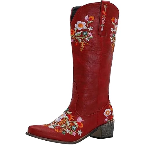 AODONG Boots for Women Sunflowers Embroidery Cowboy Boots Mid Calf Chunky Heel Retro Square Toe Pull On Boots Western Shoes