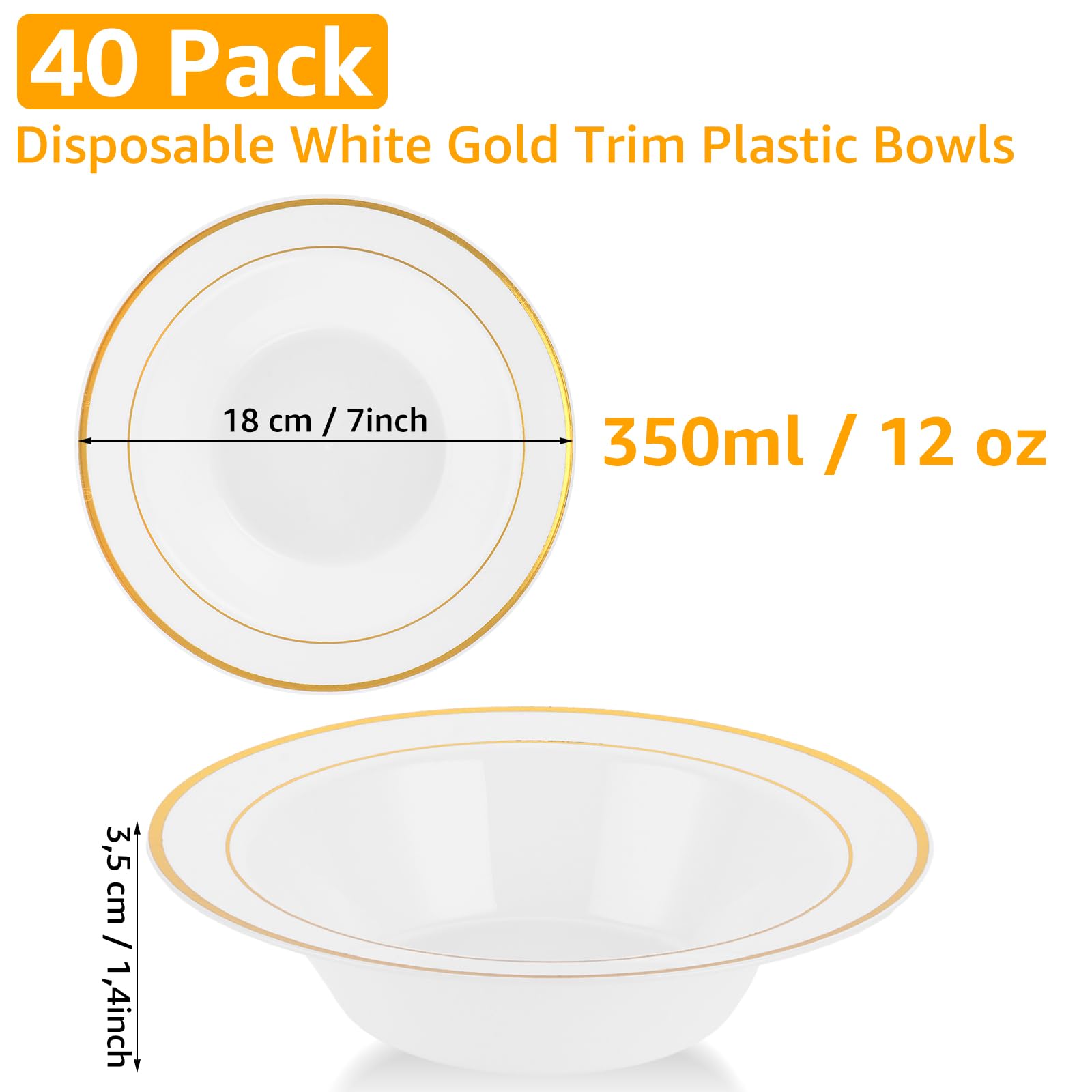 AKOLAFE 40 ciotole in plastica bianca con bordo dorato, in plastica, 350 ml, riutilizzabili, per feste, matrimoni, compleanni, Natale, Pasqua