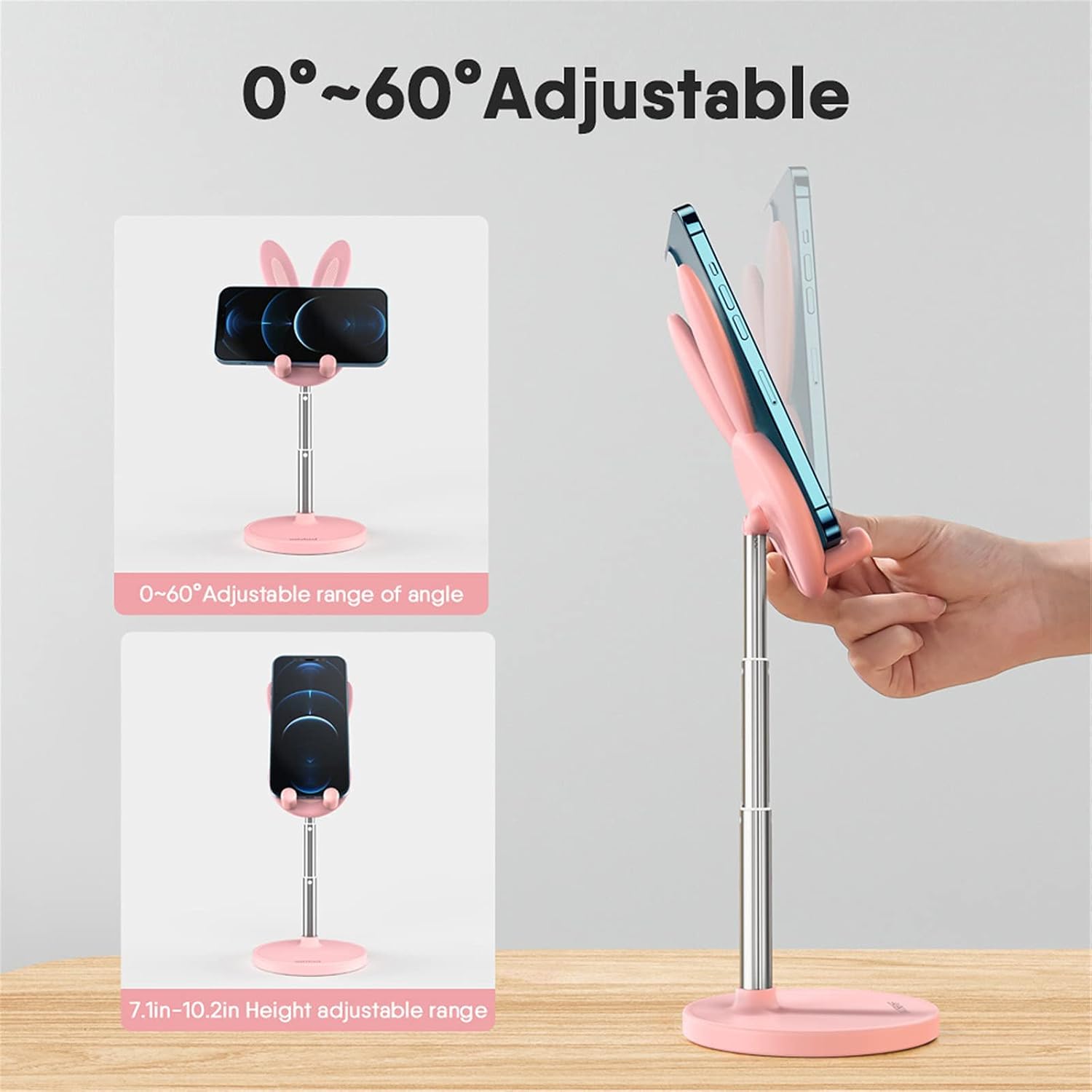 Cute Phone Stand, Adjustable Desktop Bunny Phone Stand Holder, Compatible with All Models of Mobile Phones Such as iPhone, Samsung and Tablets Under 12 Inches Pink