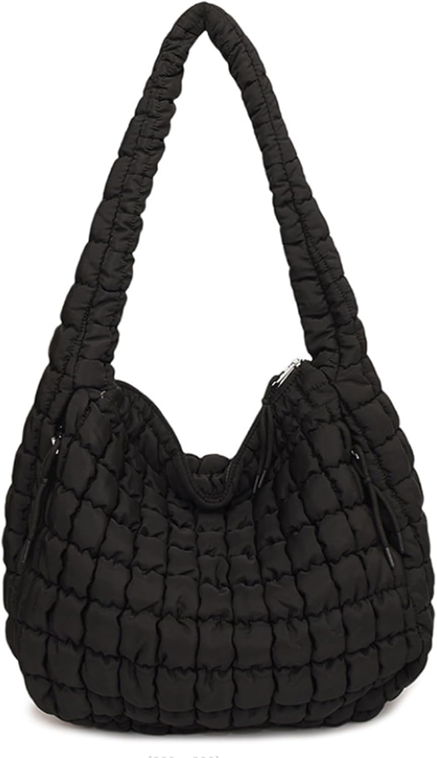 Quilted Puffer Tote Bag for Women, Soft Lightweight Shoulder Bag with Multiple Zippered Pockets, Trendy Crossbody Hobo Bag