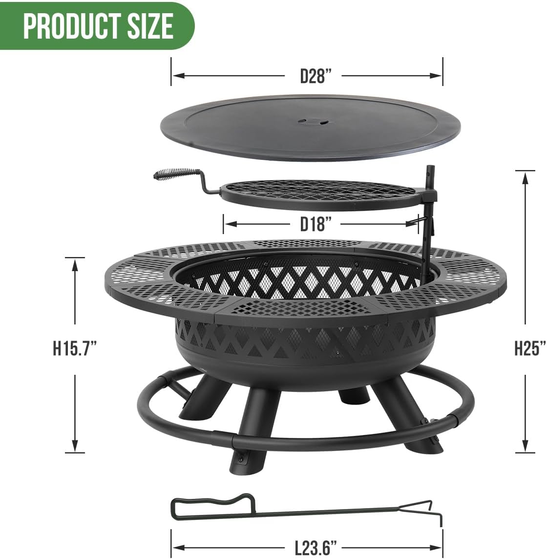 42 Inch Outdoor Fire Pit with Grill, Large Firepit Table for Outside, Metal Round Firepits with Lid&Fire Poker,3 in 1 Wood Burning Fire Pits & Outdoor Fireplaces for Backyard,Patio(42'' Black)