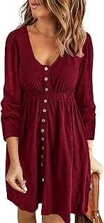 Sponsored Ad - KOJOOIN Women Long Sleeve Casual T-Shirt Dresses V Neck Button Down Elastic Waist A-Line Dress Tunic Mini D...