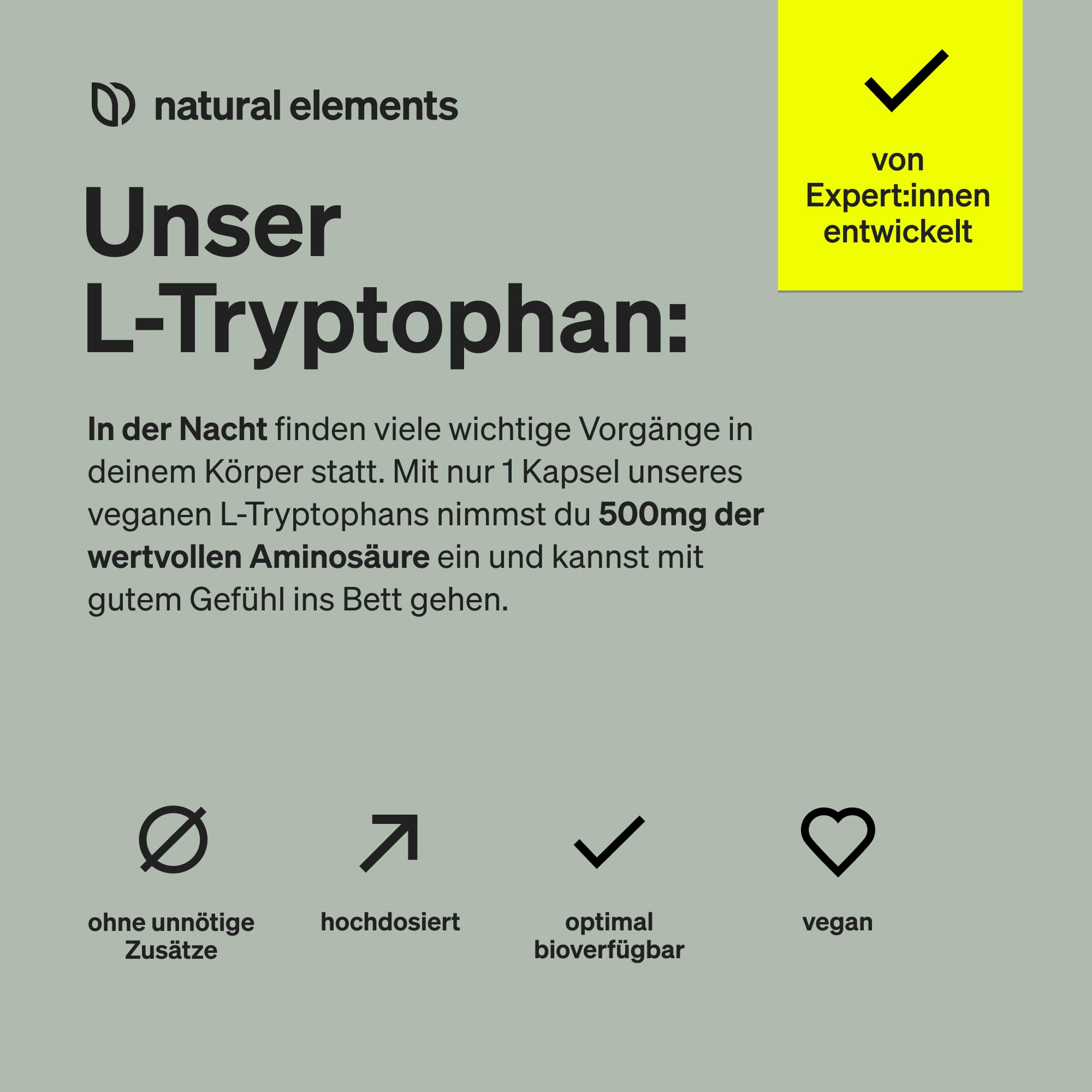 natural elements L-Tryptophan - hochdosiert mit 500mg je Kapsel - 240 vegane Kapseln - 8 Monate Reichweite - Aus pflanzlicher Fermentation - Laborgeprüft, ohne unerwünschte Zusätze, vegan