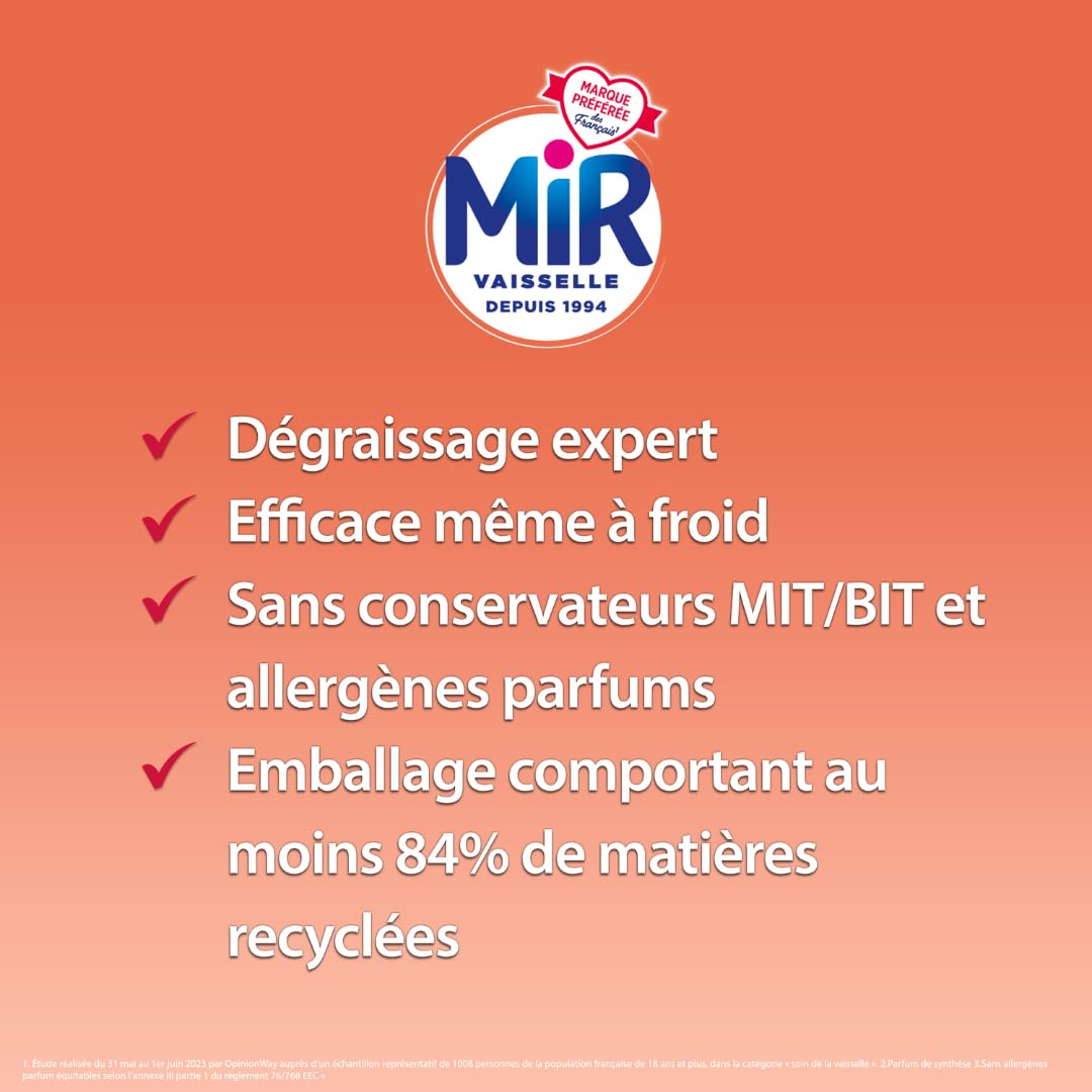 Mir Vaisselle - Liquide Vaisselle Mains - Dégraissage Expert - Pamplemousse et Vinaigre - Dégraissant - Efficace à froid - Sans Conservateurs ni Allergènes Parfum - 450ml - Lot de 16