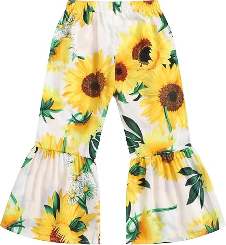 Toddler Girl Flare Pants Lightweight Fashionable Sunflower Prints Ruffle Pants Chic Designed Pull On Wide Leg(White,18 Months)