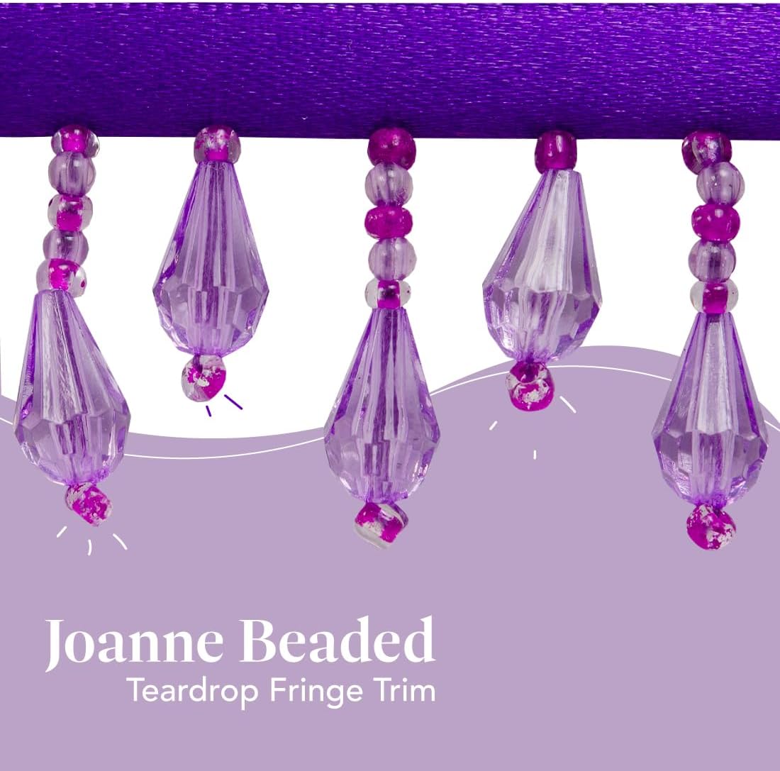 Trims By The Yard Joanne Beaded Teardrop Fringe Trim, Decorative Fringe For Fashion, Costume, or Home Decor, Washable Fringes, 10-Yard Cut, Bright Purple