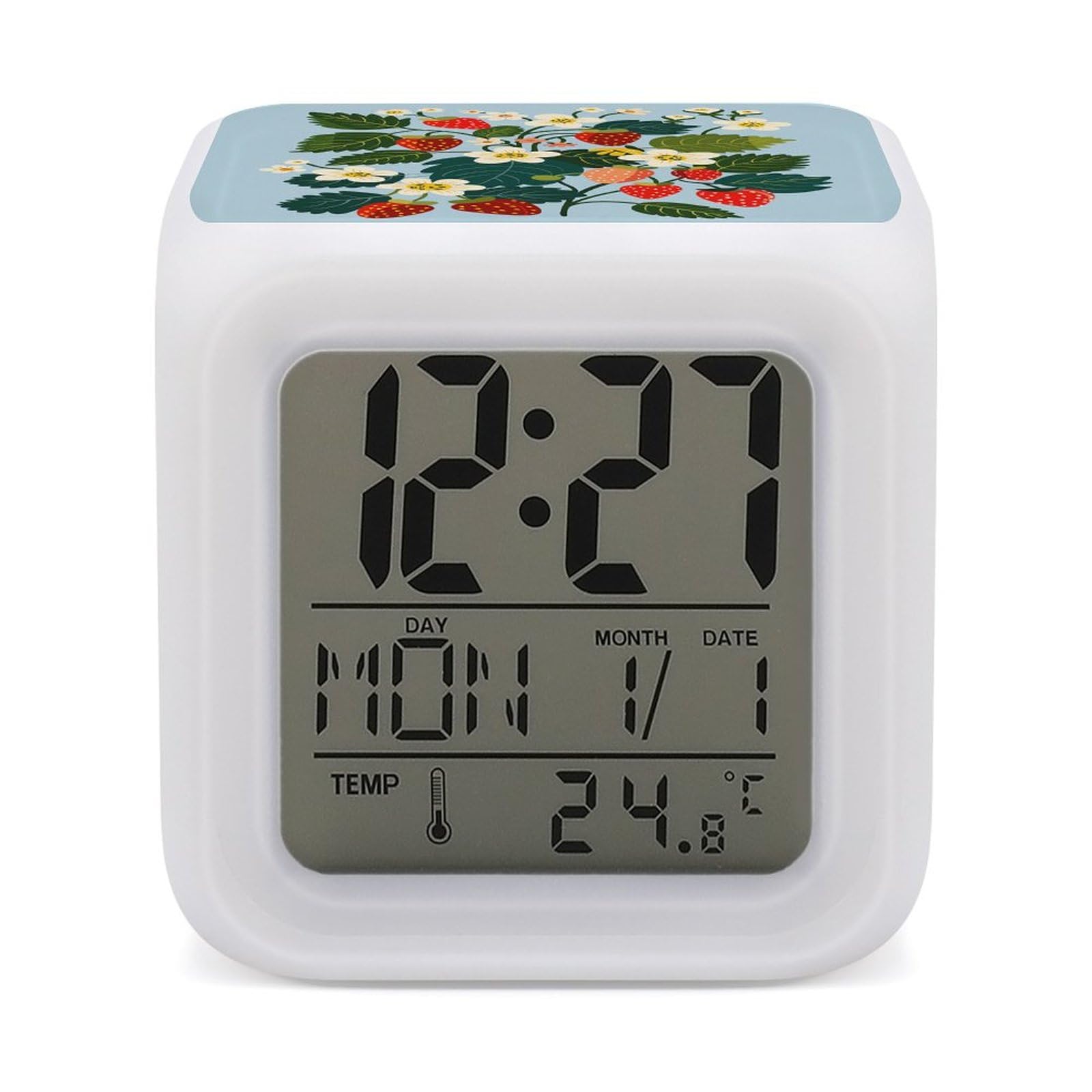 JTREHY 7 Color Changing LED Digital Alarm Clock,Strawberries and Flowers Printed Wake-up Clock with Temperature Display Home Decoration Alarm Clock for Bedroom Office