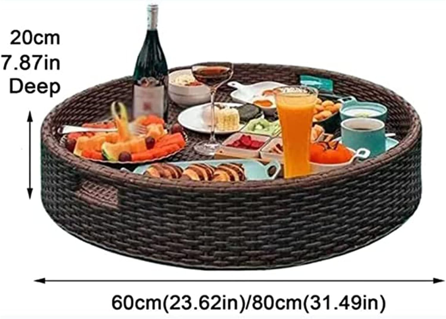Bandeja flotante de ratán, bandejas flotantes redondas para servir, barra de mesa, bandeja flotante tejida de ratán, bandejas para servir piscina para natación, bancos de arena, spas, baños, fiestas