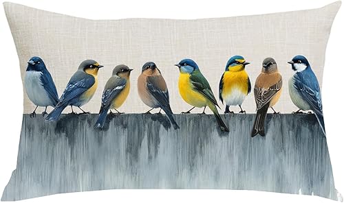 Funda de almohada decorativa rectangular de lino y algodón, diseño de pájaros azules, acuarela, decoración de cama, sofá, silla, cama, decoración de